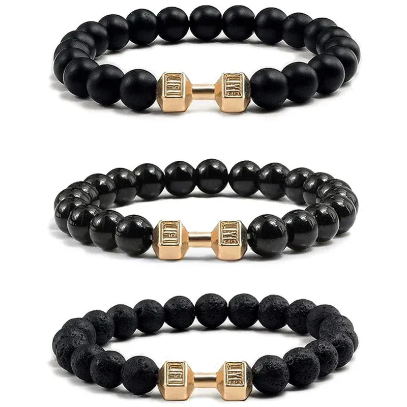 Heißer Verkauf Vintage männer Armreif Naturstein Perle Hantel Anhänger Elastische Strang Armband für Freund Geschenk