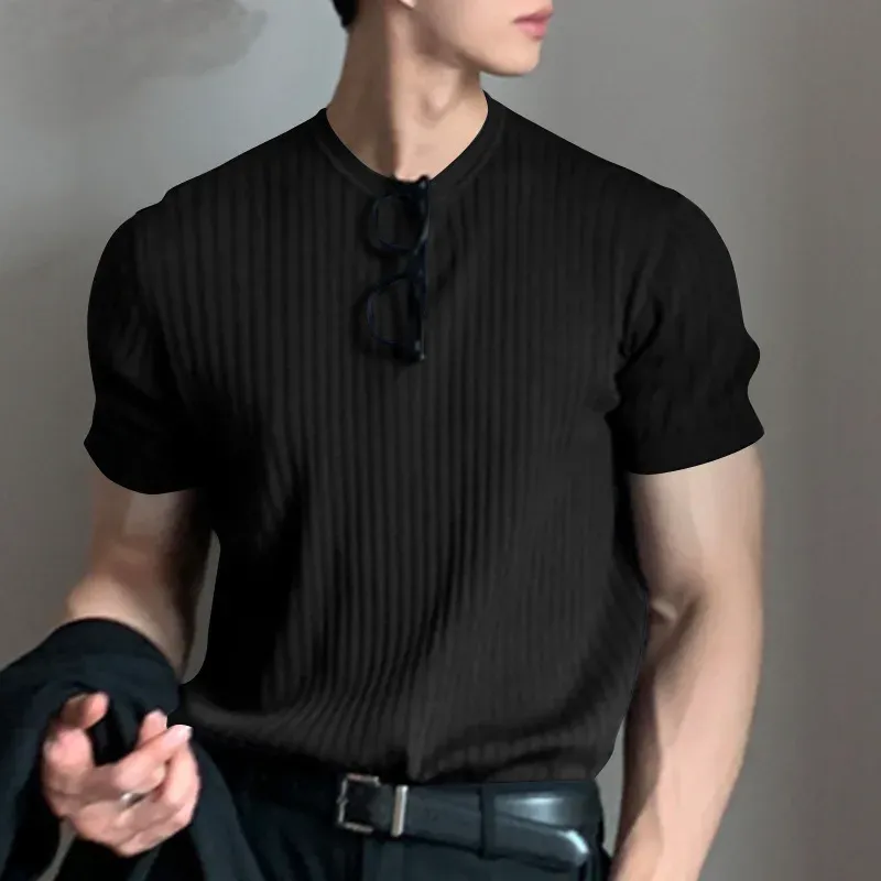 Sommer Herrenbekleidung Leichtes Luxus-T-Shirt Freizeit Langarm O-Ausschnitt Drapiert Einfarbig Lose Basic-Shirt Beliebte Strickwaren