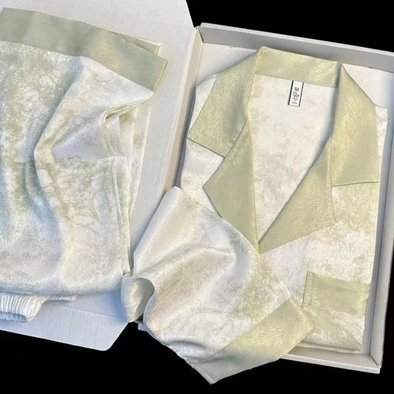 Damen Satin Pyjama Set Frühling neue klassische Sand malerei Pyjama Set Langarm Knopf grün Pyjama Lounge Hose Frauen Nachtwäsche