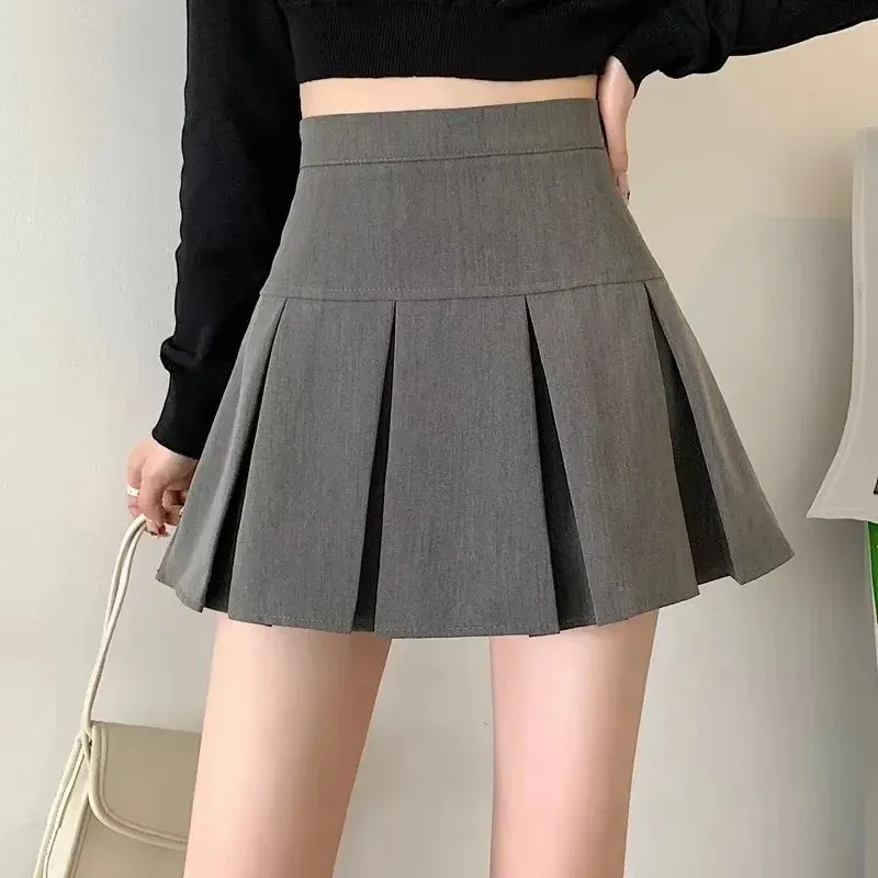 Vintage Grauer Plisseerock Damen Kawaii Hochgeschnittener Minirock Koreanische Mode Schuluniform Harajuku Streetwear Frühling