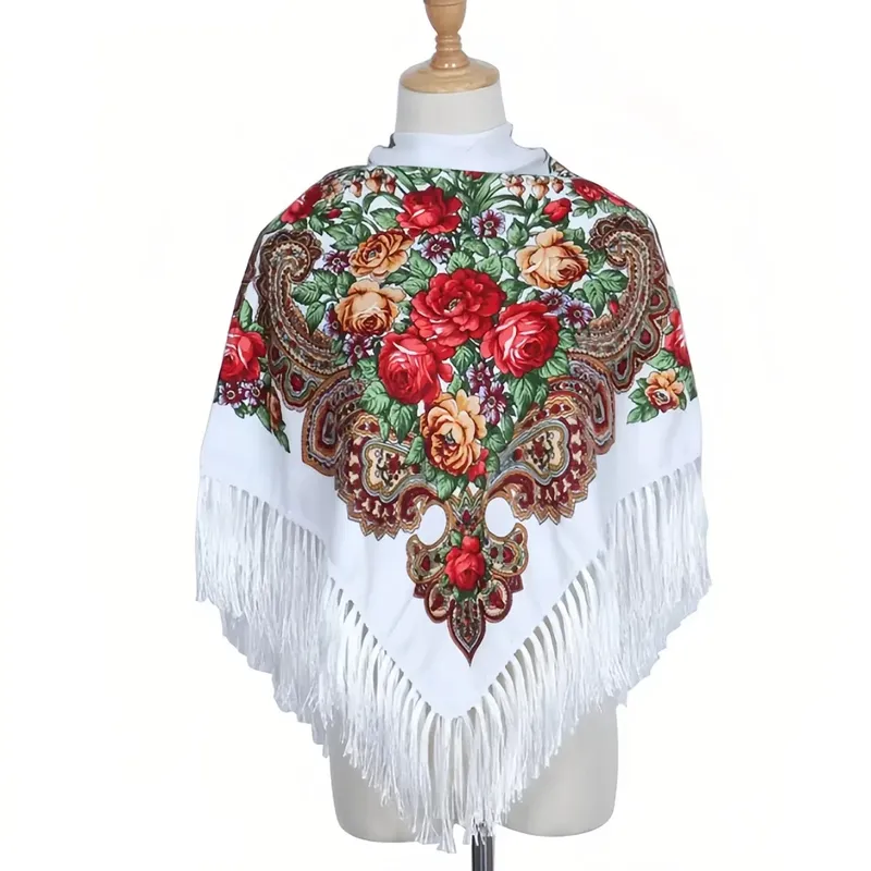 Retro bedrucktes Kopftuch, Hijabs für Damen, mit Fransen, quadratischer Blumenschal, gewickeltes Babuschka-Taschentuch, Kopfwickel, Reiseschal