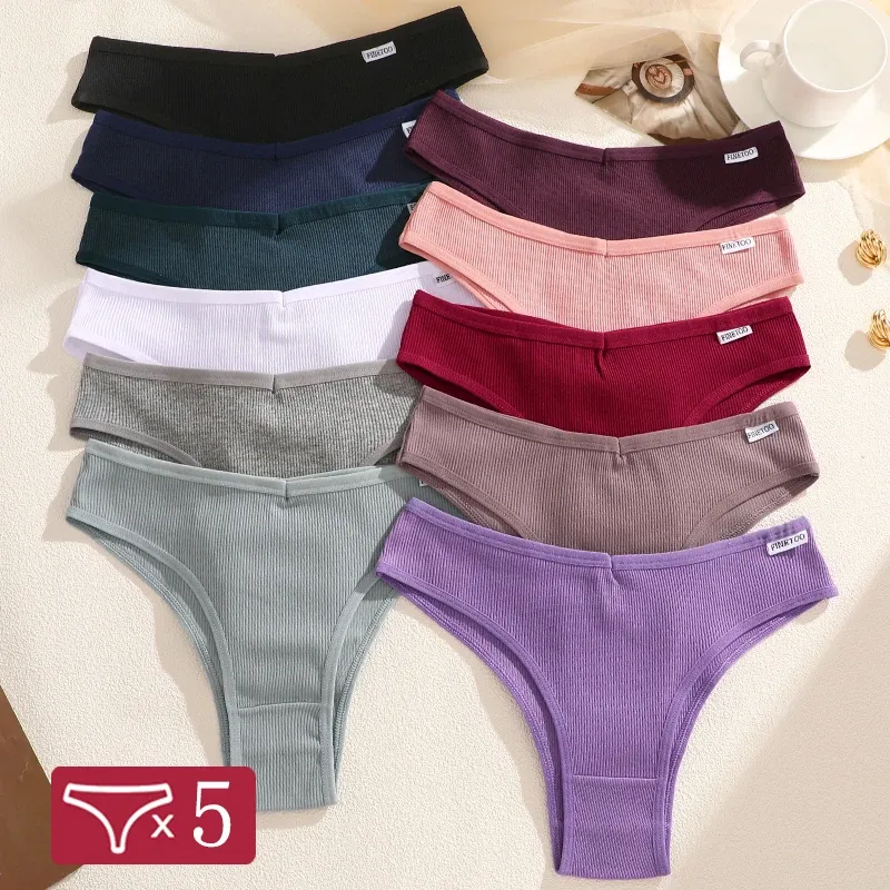 5er-Set Damen Baumwoll-Brazilianer-Slips mit V-Taille, bequeme Unterwäsche, Low-Rise T-Back Bikini, Mädchen-Dessous, Neu