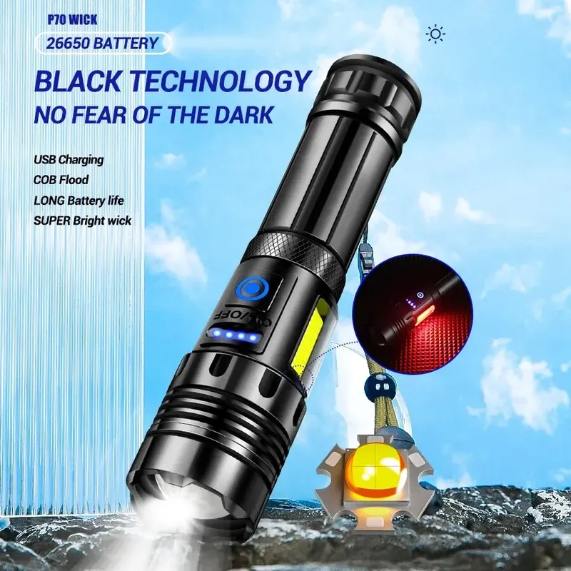 Superhelle XHP70 Leistungsstarke LED-Taschenlampe Power Bank Taschenlampe USB wiederaufladbar Camping Taktische Taschenlampe mit COB-Lampe