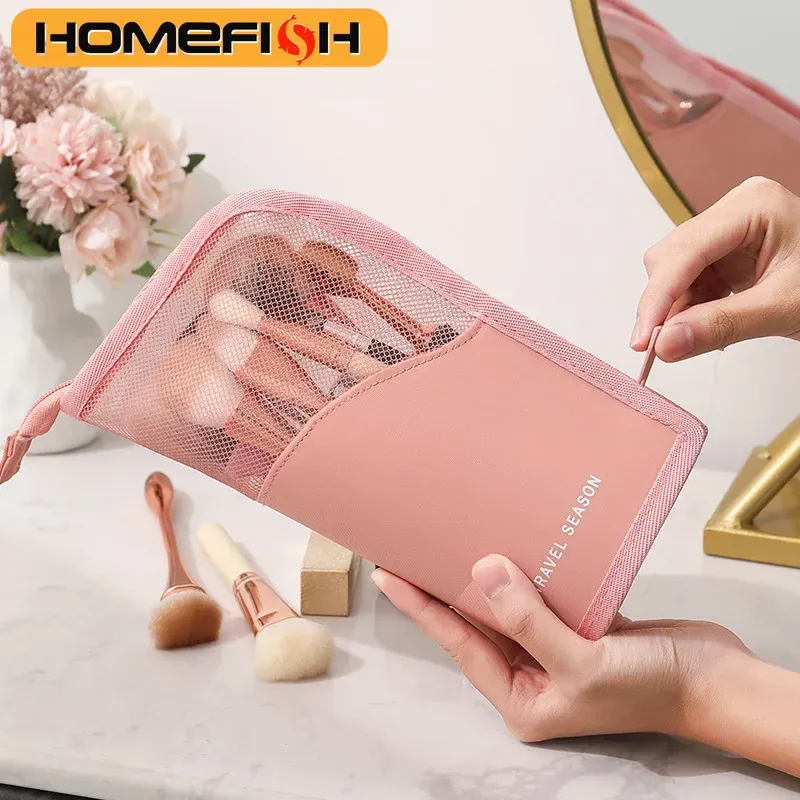 HOMEFISH 1 Stück Standkosmetiktasche für Frauen Transparente Reißverschluss-Make-up-Tasche Reise-Kosmetikpinselhalter Organizer Toilettentasche