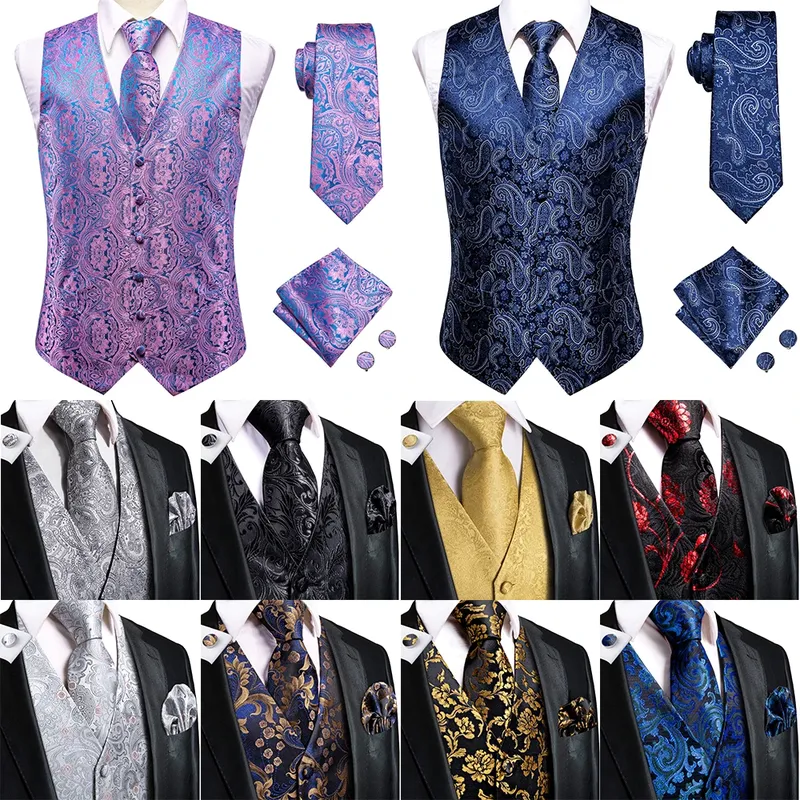 Hochzeit Lila Seide Männer Weste Paisley Slim Fit Krawatte Taschentuch Manschettenknöpfe Sets Männliche Ärmellose V-ausschnitt Weste Party Hallo-krawatte