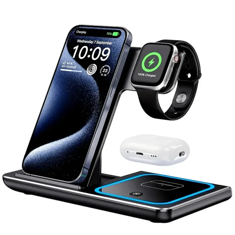 LED 3-in-1 kabellose Ladestation für iPhone 17 16 15 14 13 12 Pro Max Apple Watch 10/9/8/7/6/5 AirPods 3/2 Schnellladestation