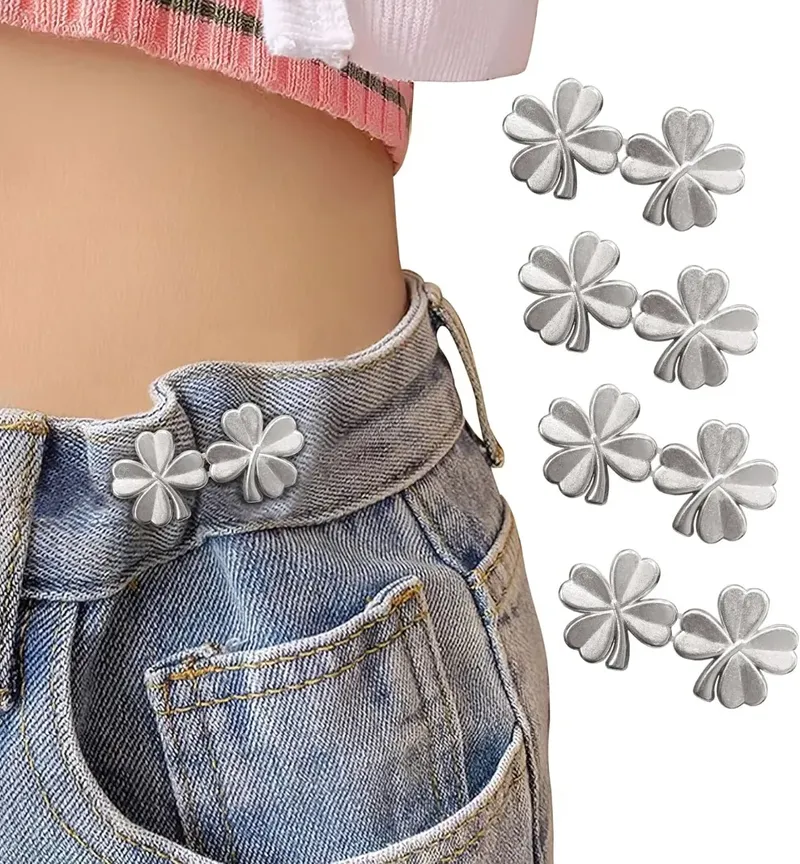 1 Paar Vierblättriges Kleeblatt Schnellverschluss Verstellbare Taillenschnalle für Jeans Ohne Nähen Erforderlich Abnehmbarer Knopf für Hosen und Röcke