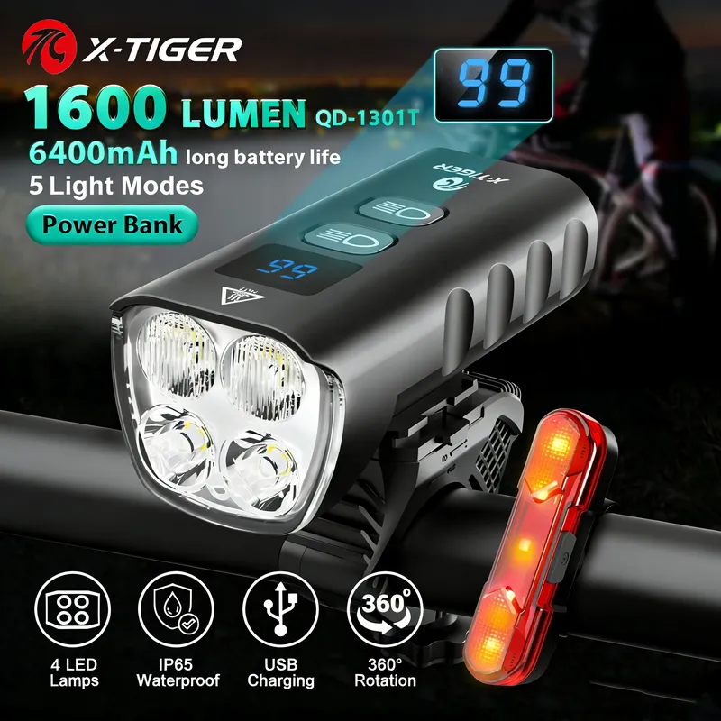 X-TIGER Fahrrad-Frontlicht, 6400 mA, wiederaufladbares Fahrradlicht, 1600 lm, Fahrradscheinwerfer, LED-Taschenlampe, MTB-Fahrradlampe
