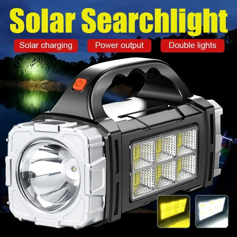 2024 Leistungsstarke LED-Taschenlampe USB + Solar wiederaufladbare Taschenlampe COB Outdoor Camping Taschenlampe Tragbarer Suchscheinwerfer Power Bank Outdoor