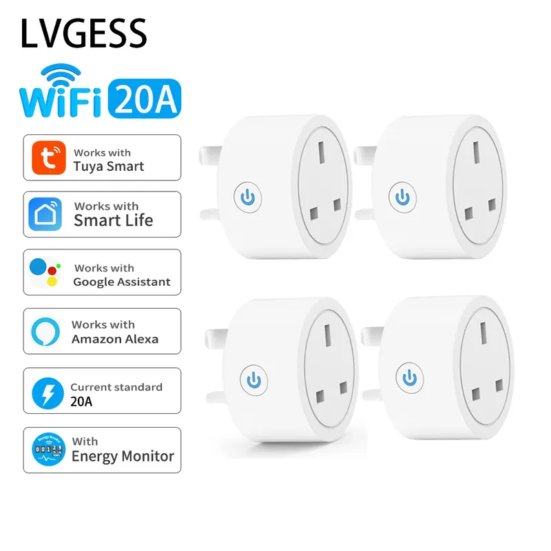 20A Tuya Smart Steckdose WiFi UK Stecker 3pin Adapter Hause Alexa Sprachsteuerung Mit Energie Überwachung Timer Funktion Steckdose set