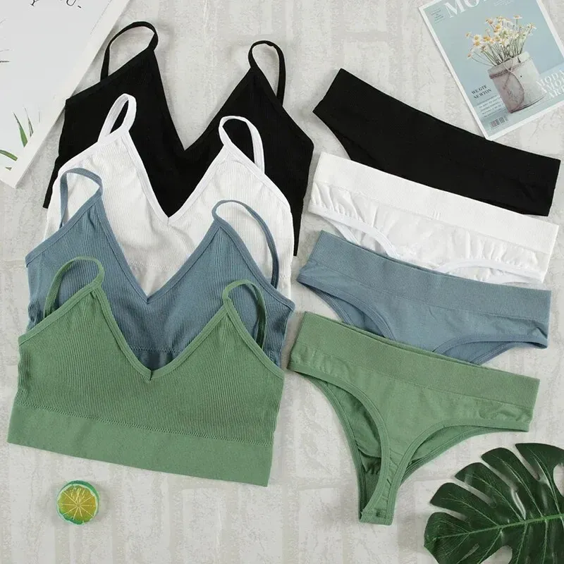 2 Stück BH Set Unterwäsche Set Frauen Höschen sexy G-String nahtlose Bra lette weibliche Dessous Soft Tank Crop Top