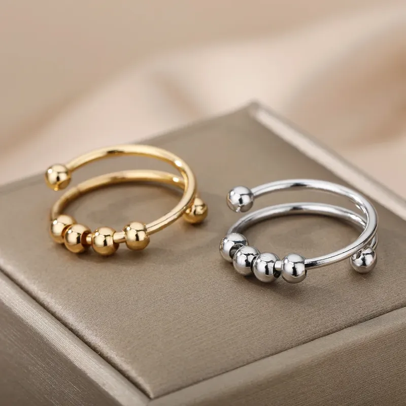 Angstkugeln, Perlenringe für Frauen, offener Spinner, verstellbarer Fingerring, Edelstahl, frei drehbar, Anti-Stress-Schmuck, Geschenk