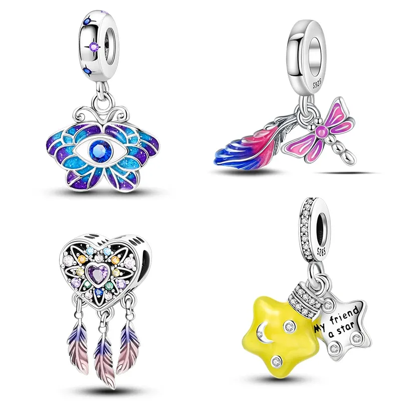 Charms aus 925er-Sterlingsilber, bunter Schmetterling, Libellenfedern, leuchtende Sterne, Anhänger, passend für Original-Armbänder, feiner DIY-Schmuck