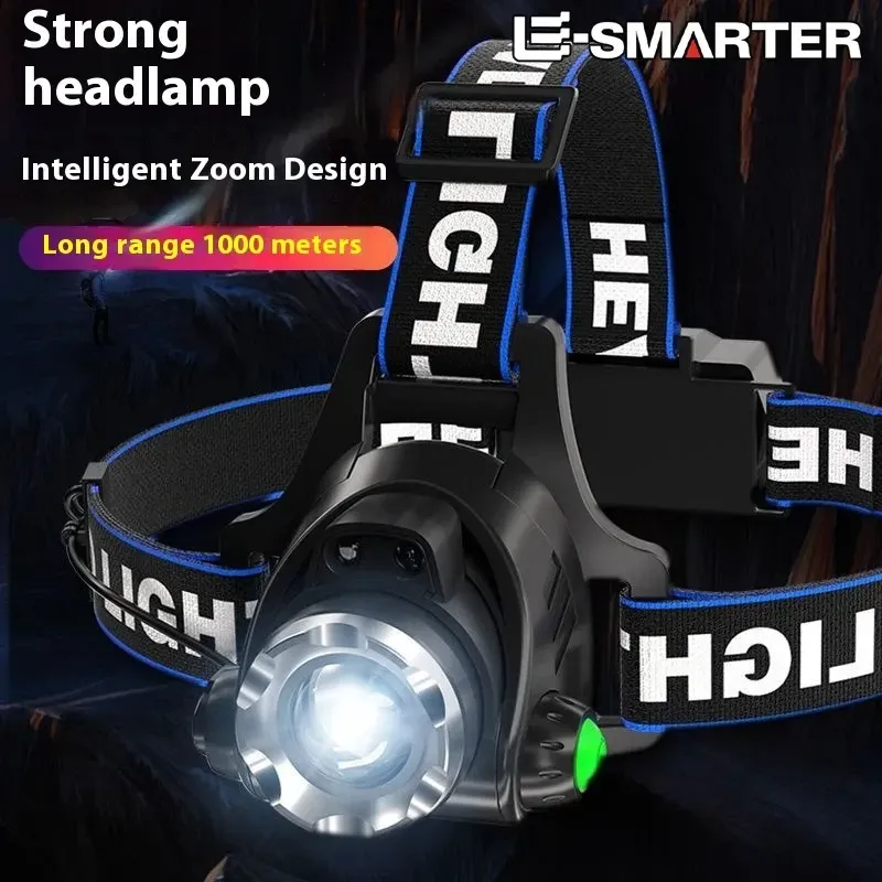 Leistungsstarker LED-Scheinwerfer, über USB wiederaufladbar, teleskopisch, zoombar, für den Außenbereich, wasserdicht, Arbeitsstirnlampe, Stirnlampe mit hohem Lumen
