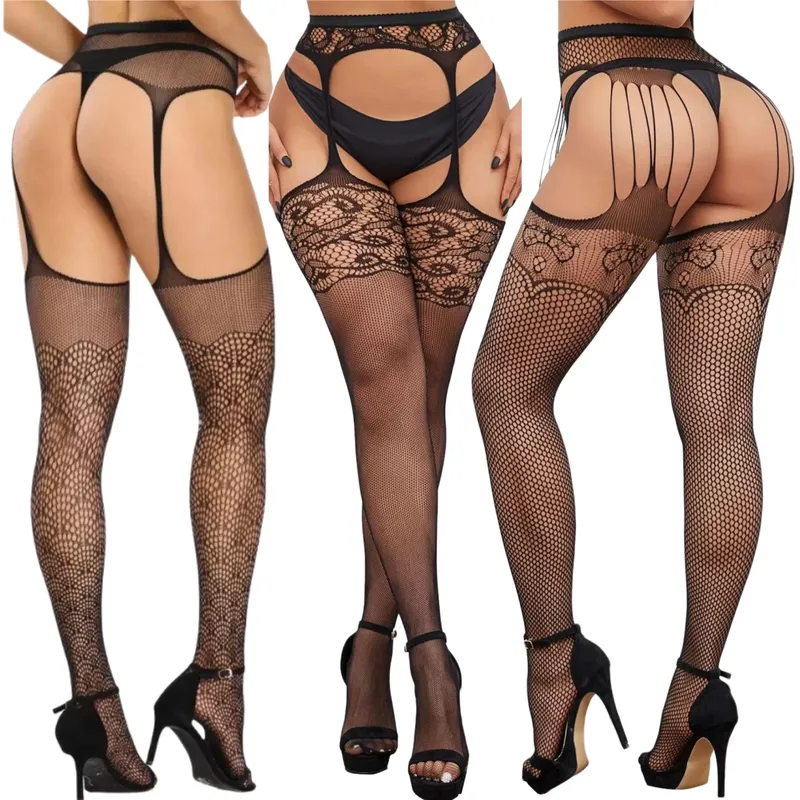 SIMPLEJWEL Sexy Ouvert-Strumpfhose, aushöhlen, schwarze Seide, Netzstrümpfe, hohe Taille, Höschen, sexy Kleid