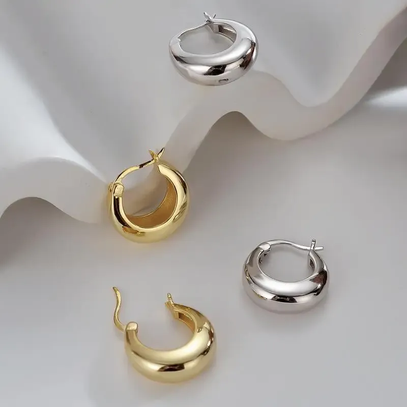 925 Silberfarbene Glatte Runde Chunky Creolen für Damen, Vergoldete Geometrische Statement-Ohrringe, Vintage-Schmuck