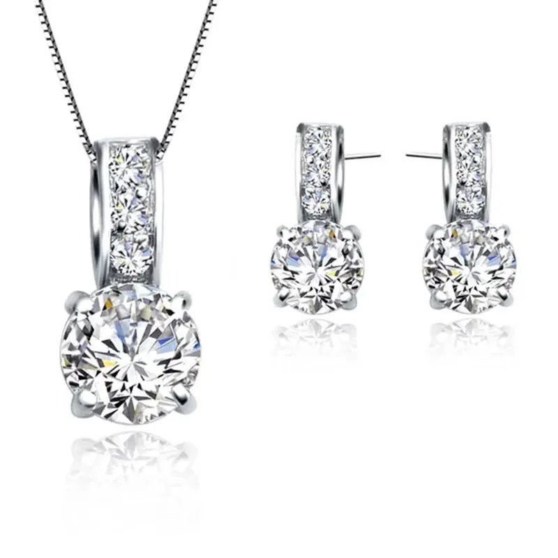 Brautschmuck-Set aus 925er-Sterlingsilber, klassischer kubischer Zirkon, Kristall-Anhänger, Halskette, Ohrstecker für Frauen und Mädchen, Geschenk