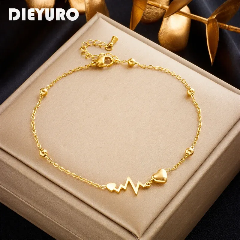 DIEYURO 316L Edelstahl Herz Elektrokardiogramm Fußkettchen Für Frauen Mädchen Neue Trend Bein Kette lichtecht Schmuck Geschenk Party
