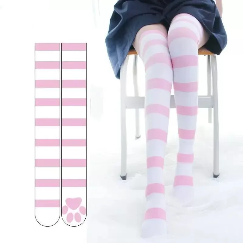 Lolita Overknee-Socken Rosa Gestreift Kawaii Katzenpfoten-Druck Strümpfe Lolita Gothic Samt Overknee Oberschenkelhohe JK Lange Strümpfe