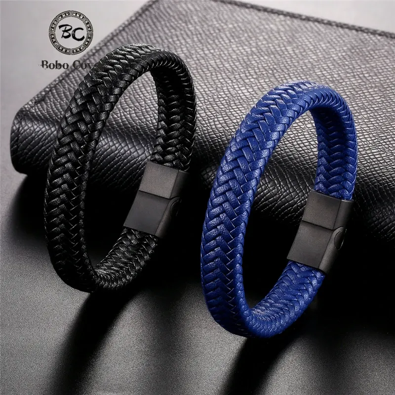 Klassische Männer Schmuck Echtes Leder Armbänder Titan Schwarz Seil Stahl Magnetische Verschluss Armbänder Armband für Männliche Schmuck Geschenk
