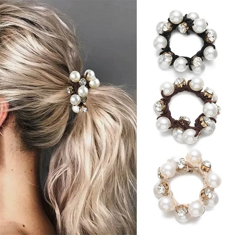 3 Stück Haargummi mit Paux-Perlenkrempe, glitzerndes Strass-Dekor, Haarseil, Retro-Stil, Haargummis für Frauen