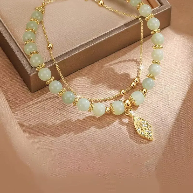 Chinesischen Stil Grüne Jade Armband Für Frauen Exquisite Gold Farbe Blätter Handgelenk Strap Armreif Doppel Kette Armband Mädchen Geschenke