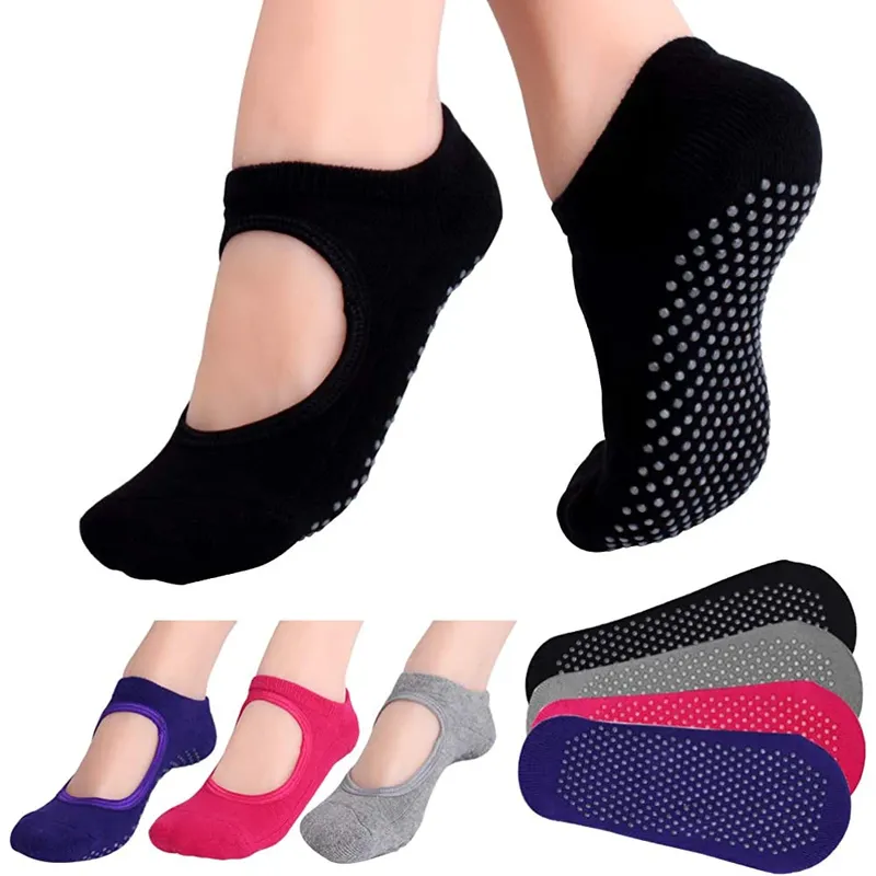 Rückenfreie, rutschfeste Fitness-Pilates-Socken aus Baumwolle für Damen, Sport-Yoga-Socken, Ballett-Tanz-Hausschuhe, Barfuß-Socken, Workout für Fitnessstudio
