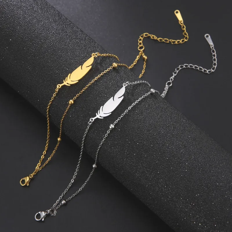 Einfache Feder Edelstahl Doppels chicht Perlenkette Knöchel Fußkettchen für Frauen Männer Gold Silber Metall Fußkettchen täglichen Schmuck