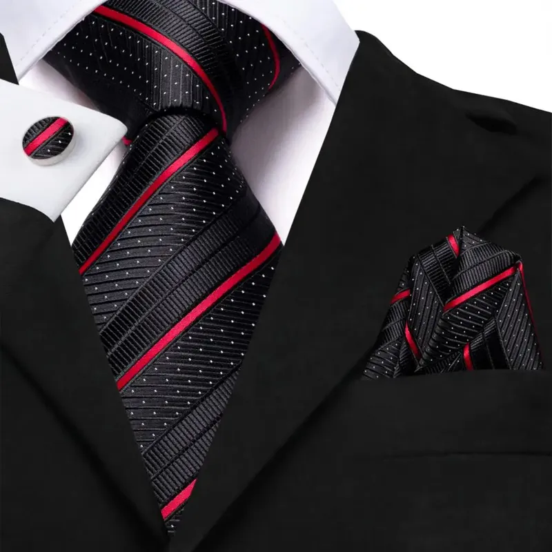 Schwarz Rot Gestreifte Seide Hochzeit Krawatte Für Männer Einstecktuch Manschettenknopf Geschenk Männer Krawatte Fashion Business Party Dropshipping Hallo-krawatte Designer