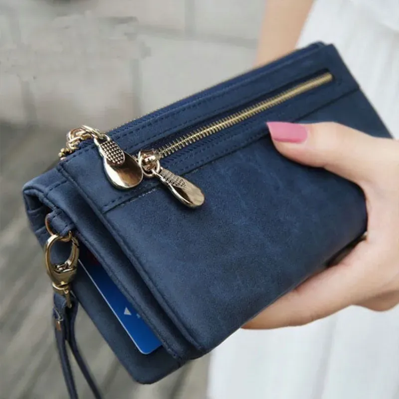 Damen-Geldbörse aus mattpoliertem Leder mit großem Fassungsvermögen, Doppelreißverschluss, Clutch-Armband-Geldbörse, Handy-Münzenkartenhalter, Geldbörse mit mehreren Taschen