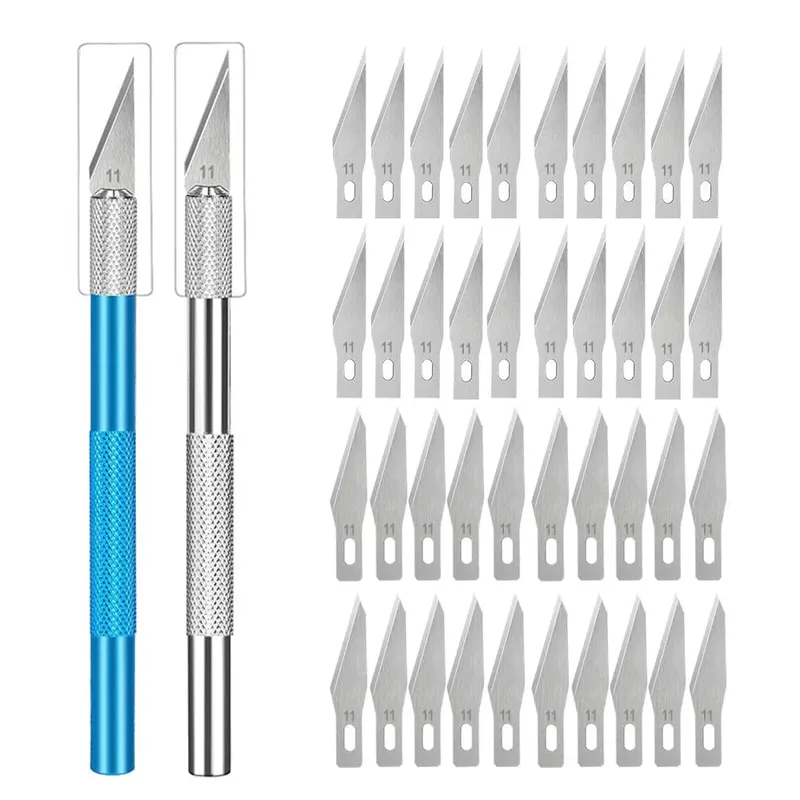 Rutschfestes Metallmesserset mit Gravur + 40/10 Stück # 11-Klingen-Cutter-Bastelmesser für die Reparatur von Handwerkzeugen für die Reparatur von Mobiltelefonen und PCBs