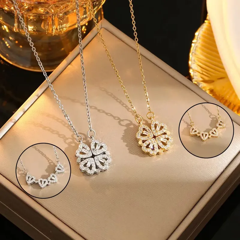 CARLIDANA Transform Luxus Vierblättriges Kleeblatt Anhänger Halskette Edelstahl Kristall Gold Farbe Herz Schmuck für Frauen Geschenk