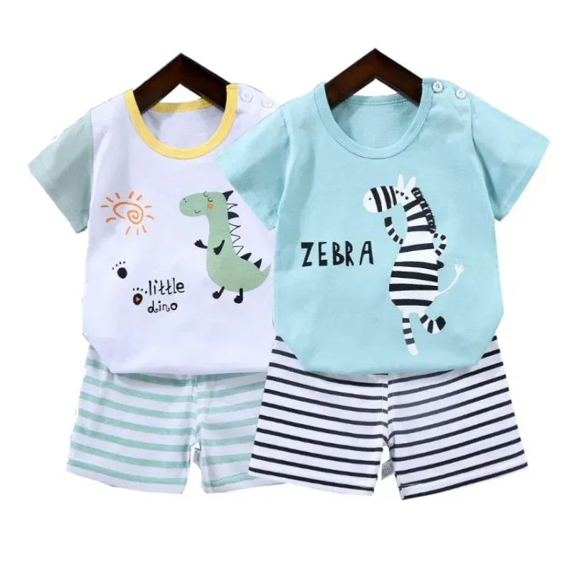 1-6 Jahre Kinder Sommer T-Shirts + Streifen Shorts 2-teiliges Kleidungsset Pyjama Baumwolle Unterwäsche Cartoon Zebra Dinosaurier Print Nachtwäsche Anzug