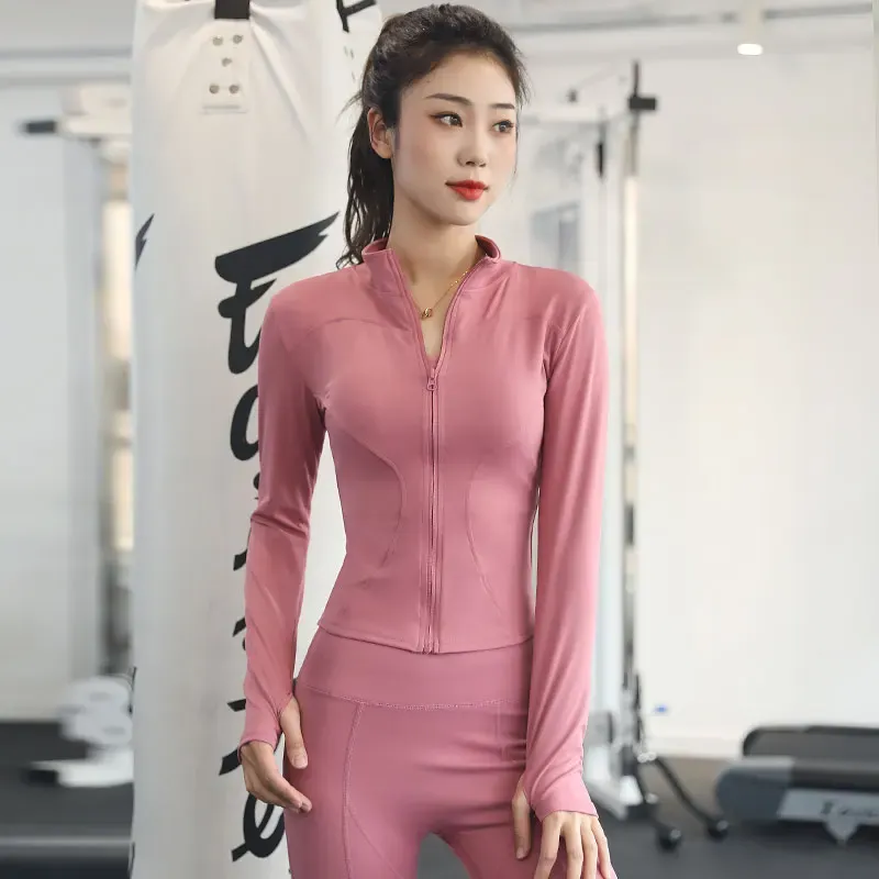 Hochelastische, schnell trocknende Damen-Sportjacke, schmale Passform, durchgehender Reißverschluss, Yoga-Jacke, Stehkragen, Langarm-Jacke mit Daumenloch