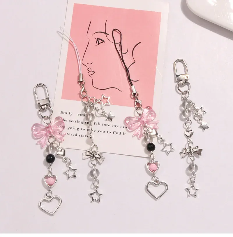 Goth Y2K Handyanhänger Schleife Herz Stern Schlüsselanhänger Anhänger Kawaii Schlüsselanhänger Tasche Handykette Niedliches Accessoire für Mädchen Frauen Schmuck
