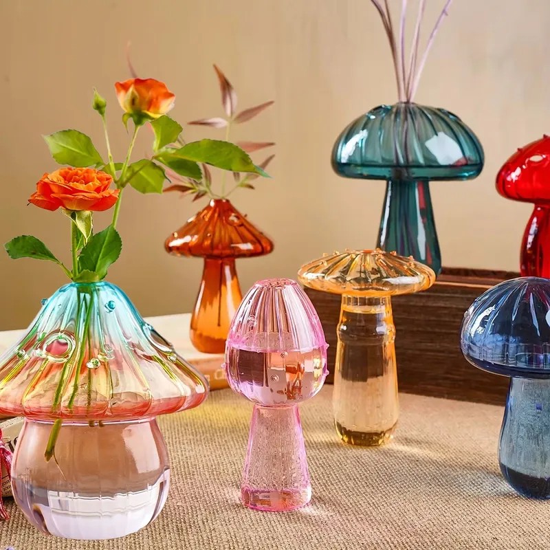 Glas Bunte Pilz Vase Nordic Stil Indoor Hause Decor Hydrokultur Pflanze Blume Anordnung Ornament Zimmer Desktop Dekoration