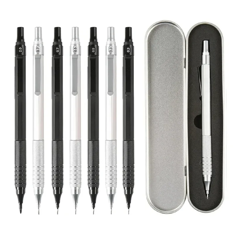 Hochwertiges Druckbleistift-Set aus Metall mit Minenminen, Zeichnung, automatischer Bleistift, 0,3, 0,5, 0,7, 2,0 mm, Bleistift für Kunstbedarf