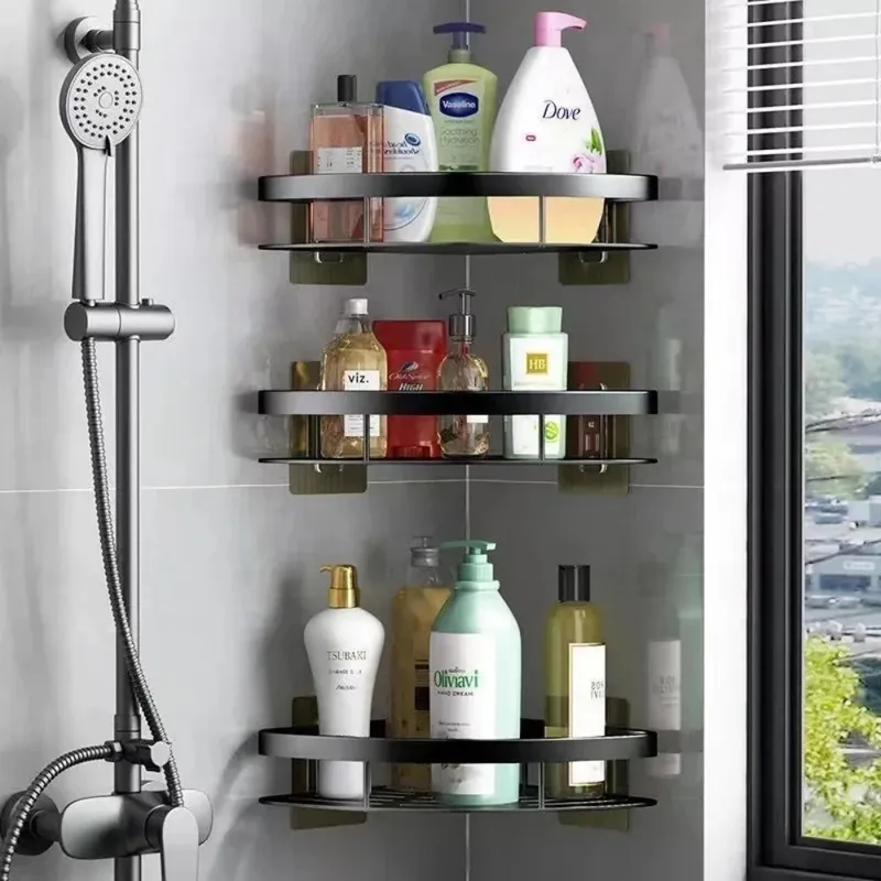 Wandmontierte Badezimmer-Aufbewahrungshalterung Küchen-Aufbewahrungsregal Shampoo-Regal Duschablage Badezimmer-Zubehör Bohrfreies Toiletten-Badregal
