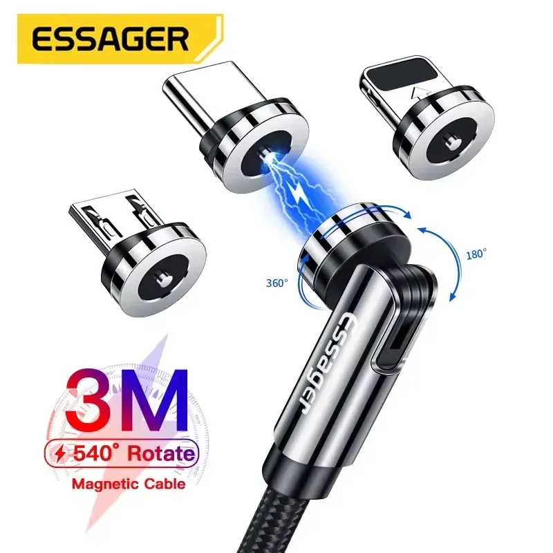 Essager 540 drehbares Magnetkabel, Schnelllade-Magnet-Ladegerät, Micro-USB-Typ-C-Kabel, Handy-Drahtkabel für iPhone Xiaomi