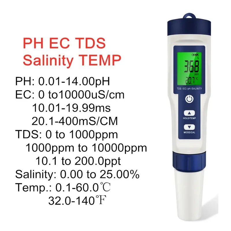 5-in-1 digitales PH TDS EC-Messgerät, Salzgehalt, Temperaturtester, Leitfähigkeit, Wasserfilter, Reinheitsstift mit Hintergrundbeleuchtung
