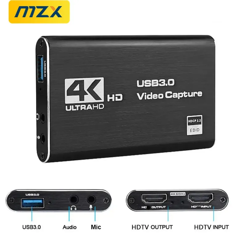 MZX Video Capture Card Box 4k HDMI-kompatibles 60Hz 30Hz USB 2. 0 3,0 p 60fps 30fps Live-Recorder Grabber Capturer Spiel Audio-Mikrofon