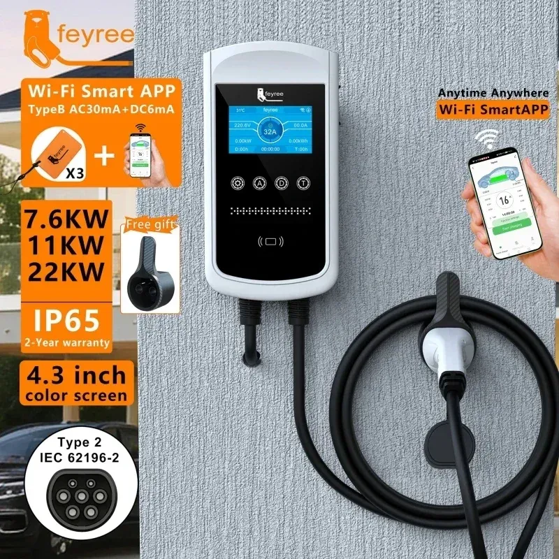 Feyree Typ2 EV-Ladegerät 32A 7,6 kW Ladestation Autoladegerät 11 kW 22 kW 3 Phasen EVSE Wallbox 4,3-Zoll-Bildschirm Smart APP-Steuerung