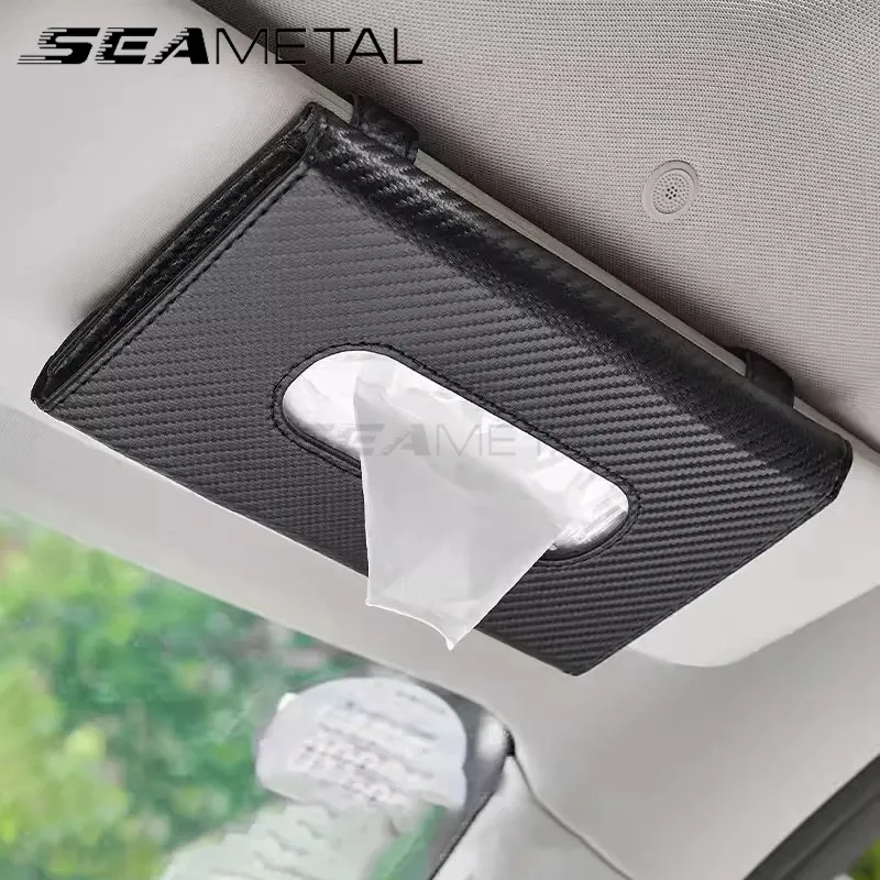 SEAMETAL Auto Sonnenschirm Platte Tissue Box Universal Auto Innen Papier Handtuch Lagerung Tasche Carbon Faser Sonnenblende Tissue Boxen