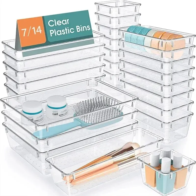 7/14 Stück Schubladen Organizer Set durchsichtige Kunststoff Schreibtisch Trennwände Behälter Schlafzimmer Kommode Büro Aufbewahrung sbox für Make-up Schmuck Gadgets