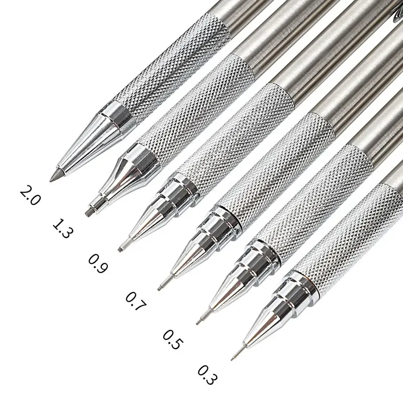Druckbleistift-Set 0,3 0,5 0,7 0,9 1,3 2,0 mm Vollmetall-Kunstzeichnung Malerei Automatischer Bleistift mit Minen Büro Schulbedarf