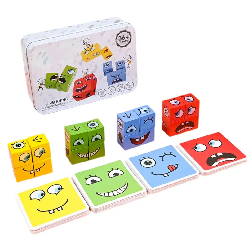 Cube Gesicht Ändern Bausteine Brettspiel Holz Puzzle Montessori Ausdruck Holz Blöcke Blocos Für Kinder Kinder Spielzeug Geschenk