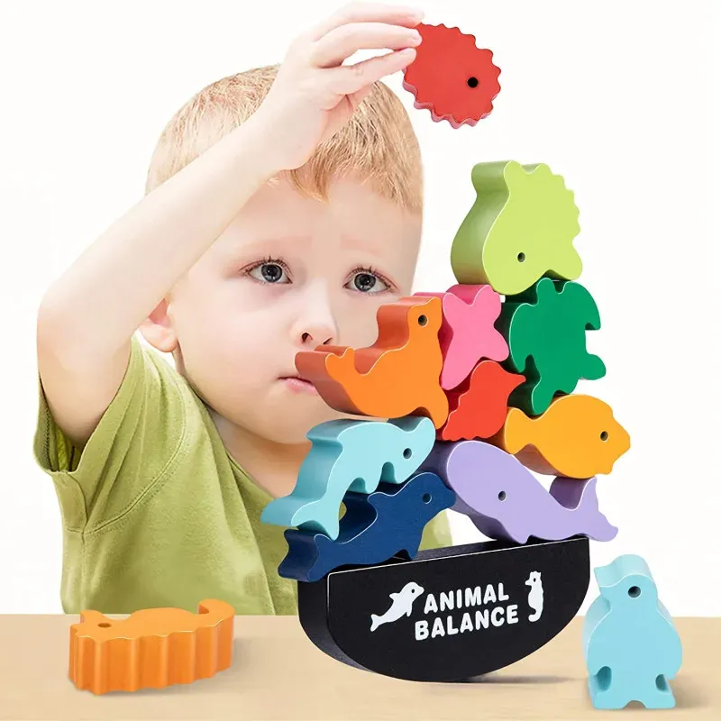 Neue Kinder Montessori Holz Tier Balance Blöcke Brettspiele Spielzeug Dinosaurier Pädagogisches Stapeln Hohe Gebäude Block Holz Spielzeug