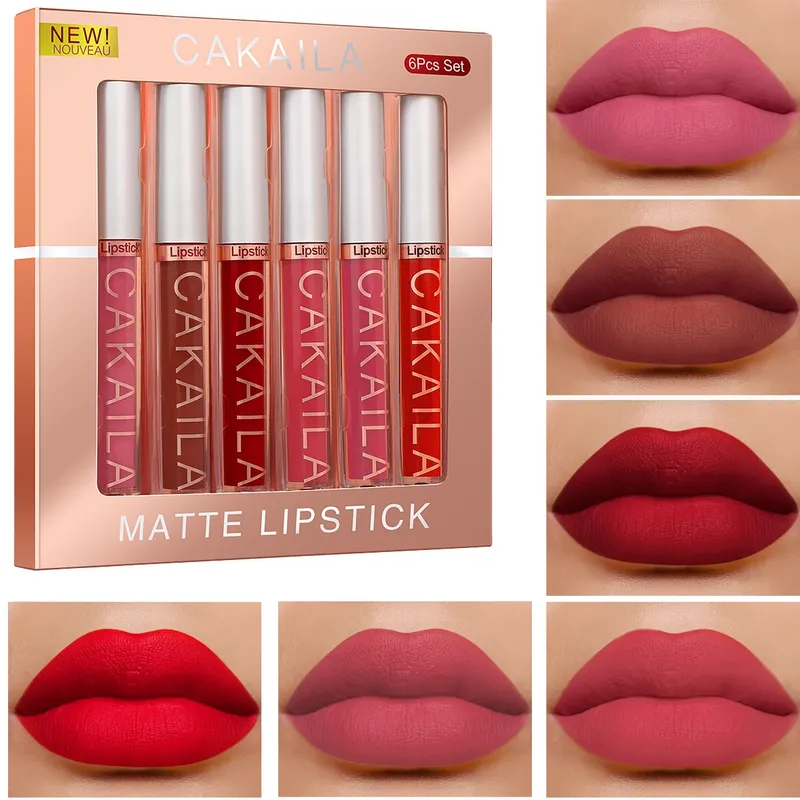 CAKAILA 6-Farben-Lipgloss-Lippenstift-Set, flüssig, matt, samtig, matt, Damen-Make-up, langlebig, wasserdicht, antihaftbeschichtet, lichtecht