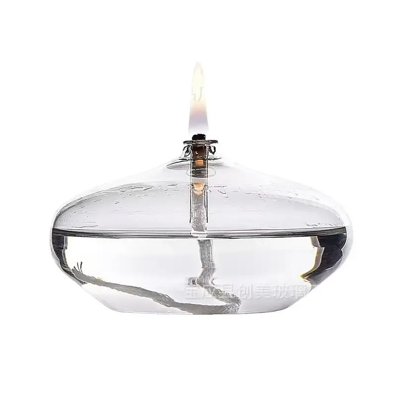 Handgefertigte flache Öllampe aus transparentem Glas mit Kerzenhalter, mit leichtem Kern, kann als Tischkerzen verwendet werden, Weihnachtsdekoration bei