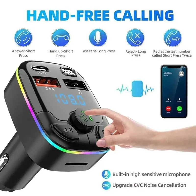 Autoladegerät Bluetooth 5.0 FM-Transmitter Freisprecheinrichtung PD Typ-C Dual USB Umgebungsplayer MP3-Ladegerät Typ-C Drahtloses Licht